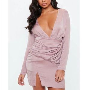 NWT Missguided rose Pink long sleeve plunge mini silk satin dress